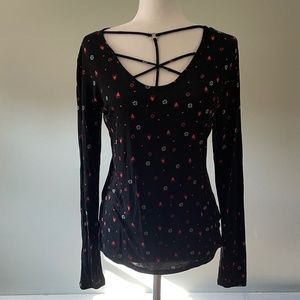 🆕 Black Flower and Heart Long Sleeve Top w/ Strappy Neck Design - Size M